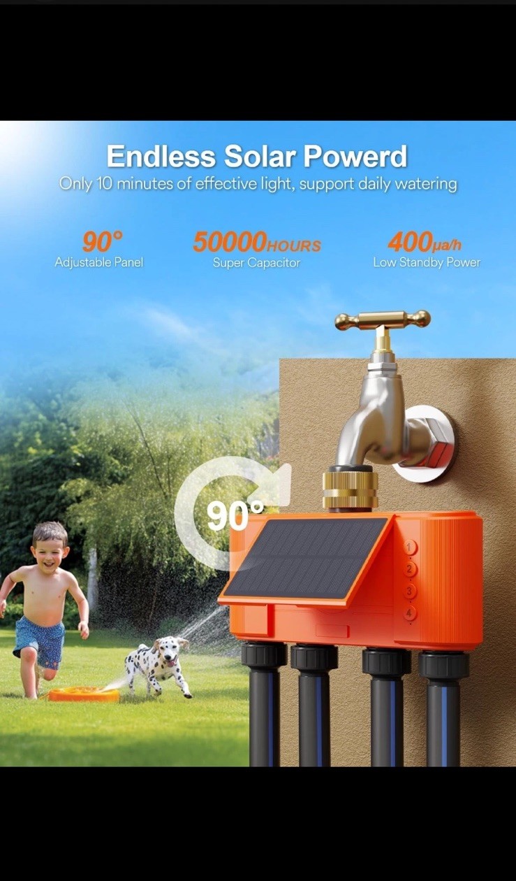 Solar WiFi Sprinkler Timer 4 Zone w/Water Flow Meter, Smart Water Timer for G...