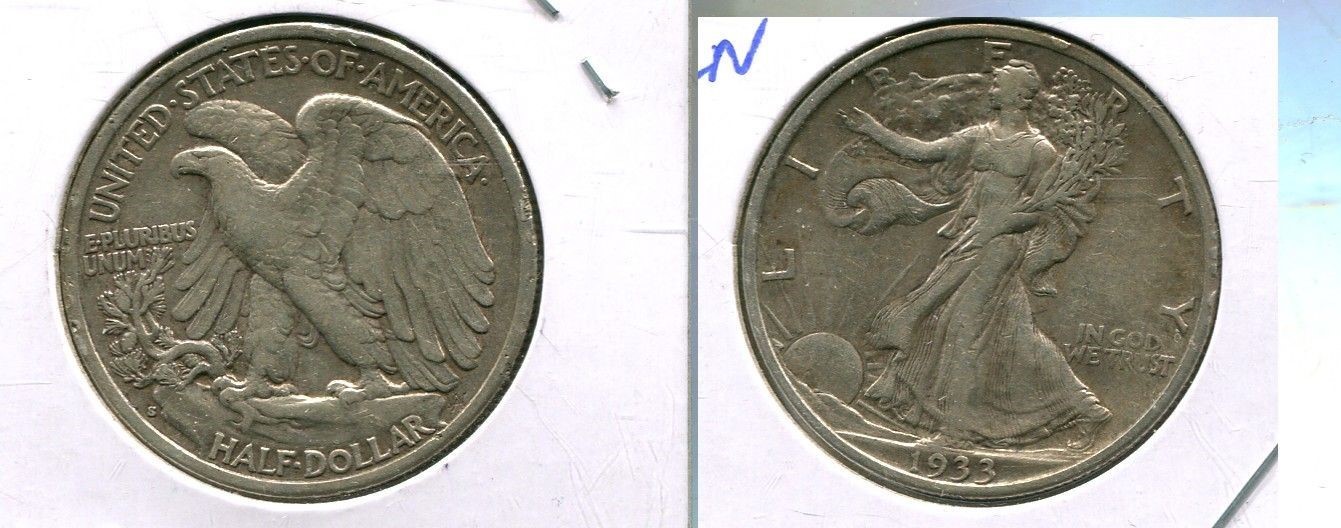 1933 S WALKING SILVER HALF DOLLAR XF RIM NICKS 8851T