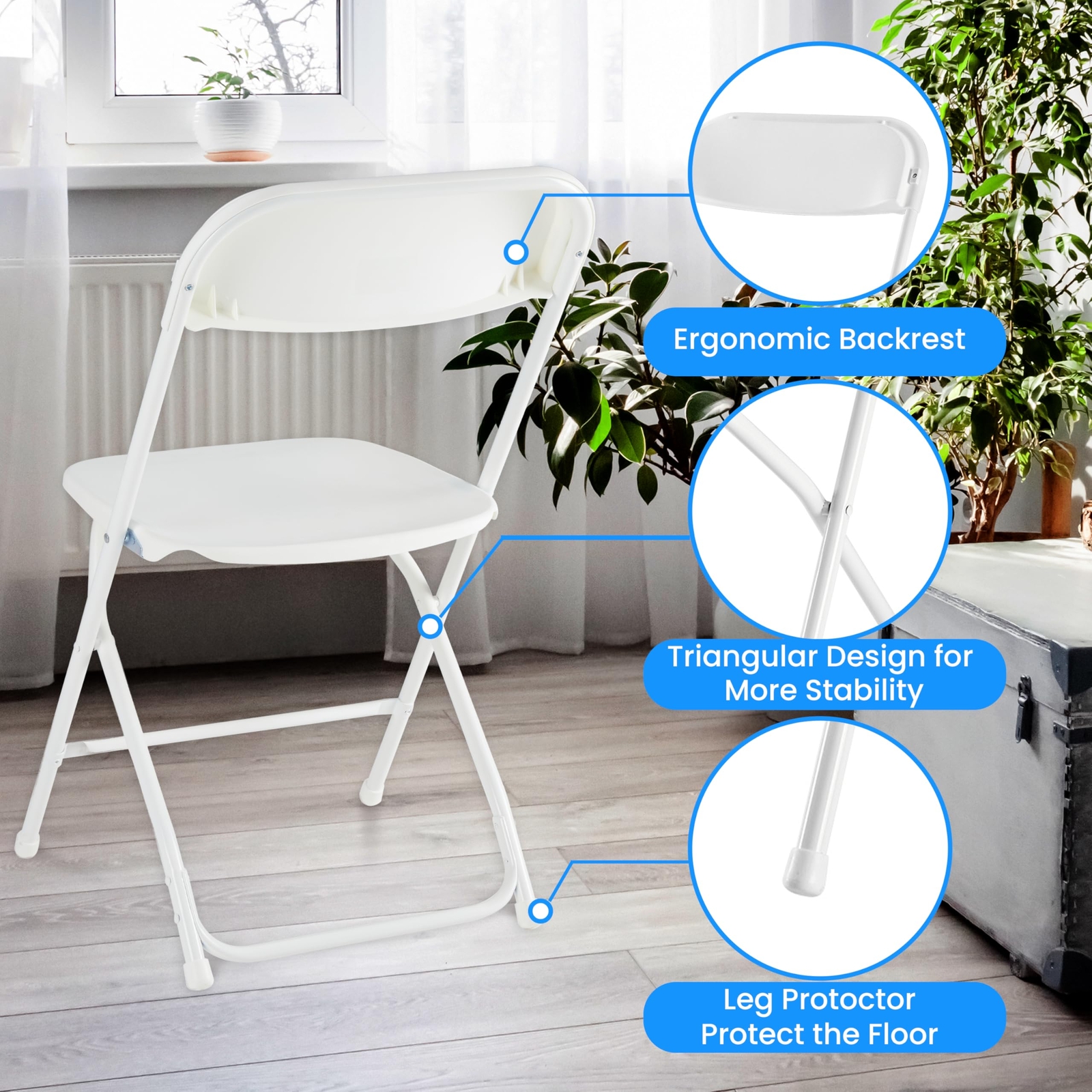 6-Piece Foldable, Stackable Chair - Plastic & Metal, White – Durable Portable