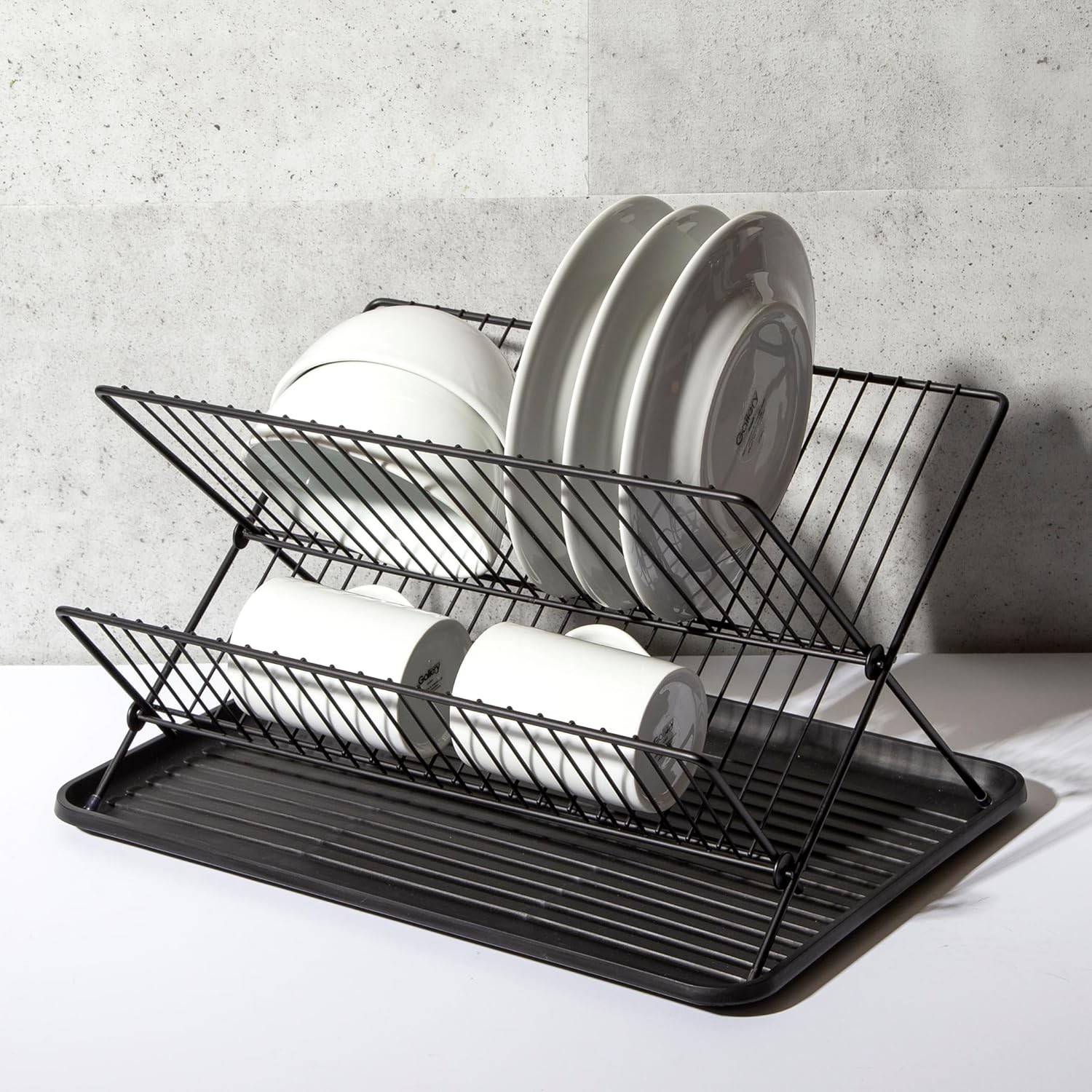 2-Tier Collapsible Dish Rack with Tray - Matte Black | Dish Drainer Kitchen