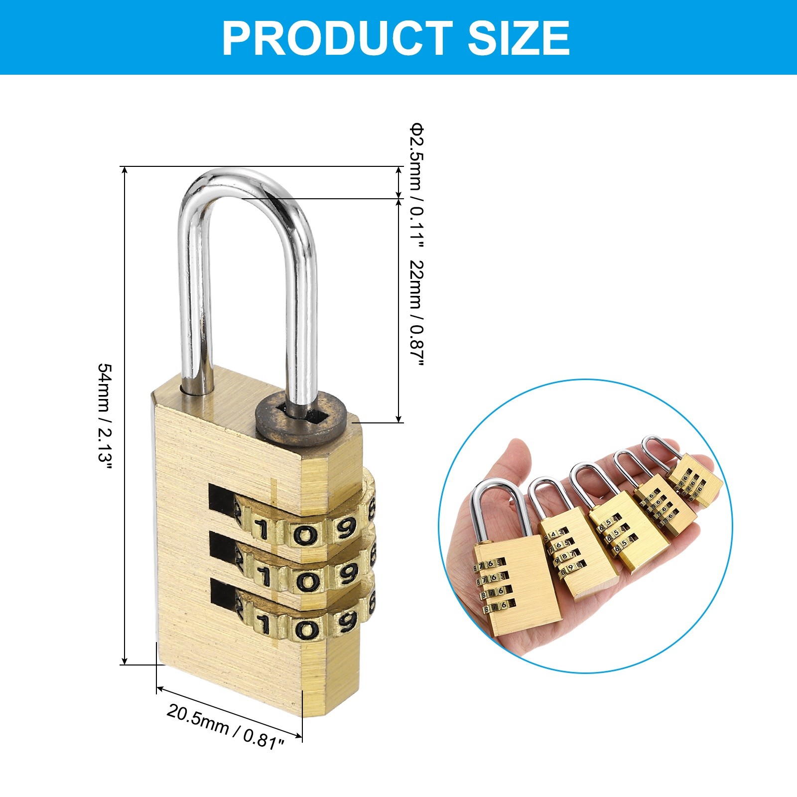 Brass Combination Lock 2.13", 3 Digit Resettable Combination Padlock Yellow