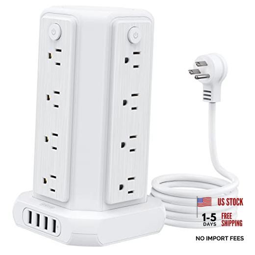 Power Strip Tower Surge Protector,  16 Outlet 4 USB Ports Desktop 5 FT White