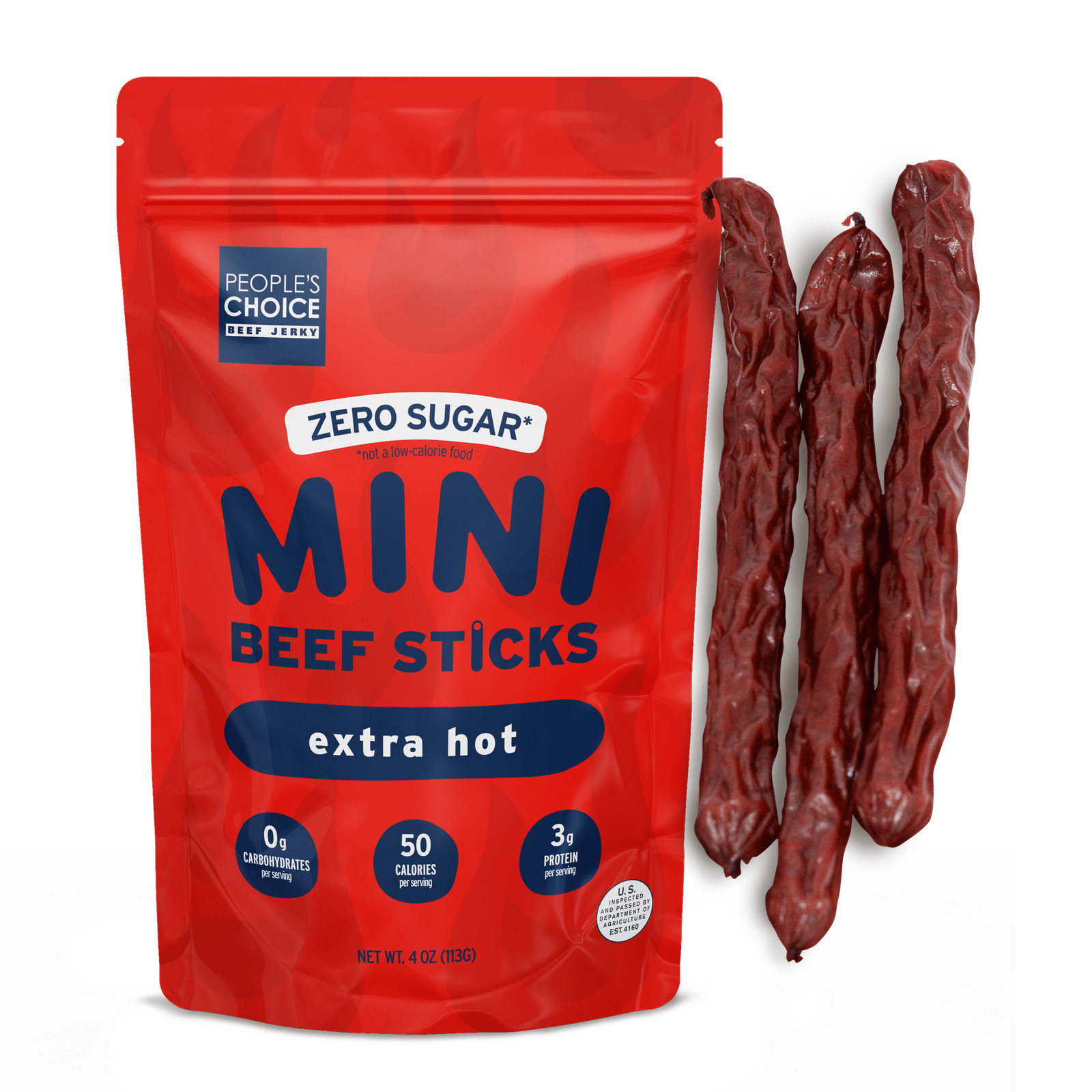 100% All Beef Snack Sticks 8 Mini sticks - Extra Hot -  ZERO SUGAR CARBS -