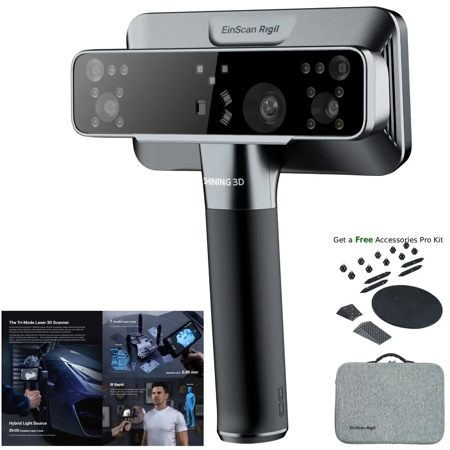 EinScan Rigil Wireless Laser 3D scanner, 0.04mm Acc. w/ Accessories Pro Kit & SW