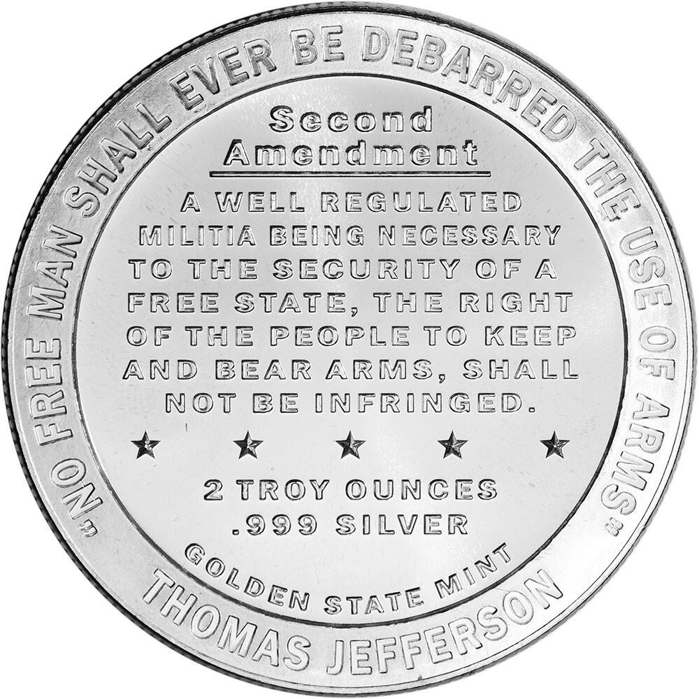 2 oz Golden State Mint Silver Round Right to Bear Arms Design .999 Fine
