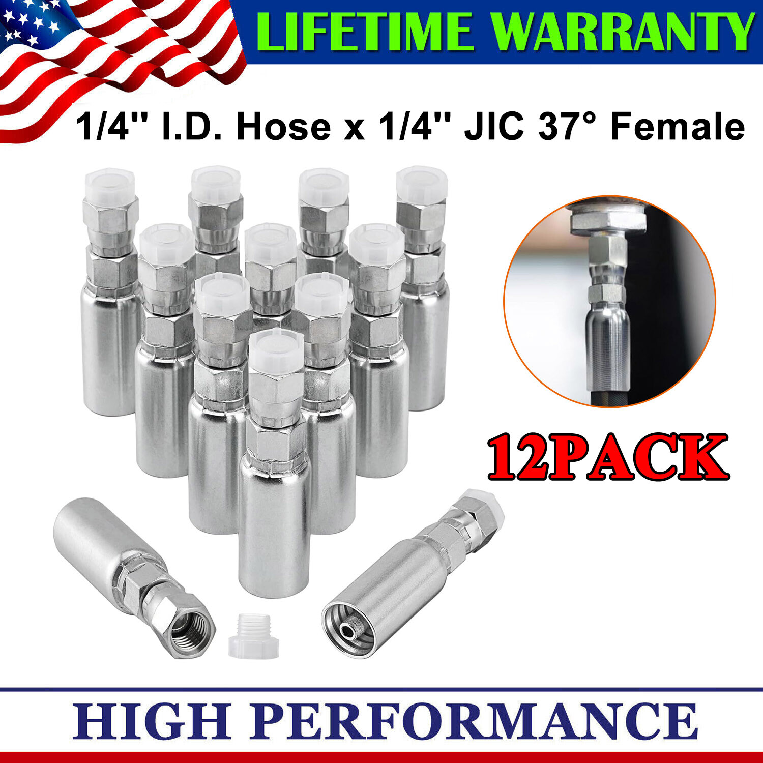 12Pack 1/4" Hydraulic Hose End Fittings: 1/4" I.D. Hose x 1/4" JIC 37 ° Female