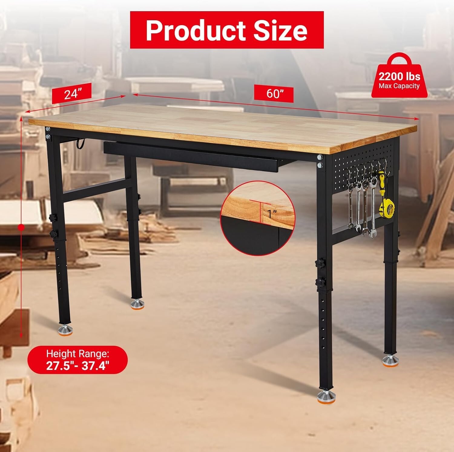 60" x 24" Work Bench with Power Outlets 2200 LBS with Scales Drawer Pegboard US