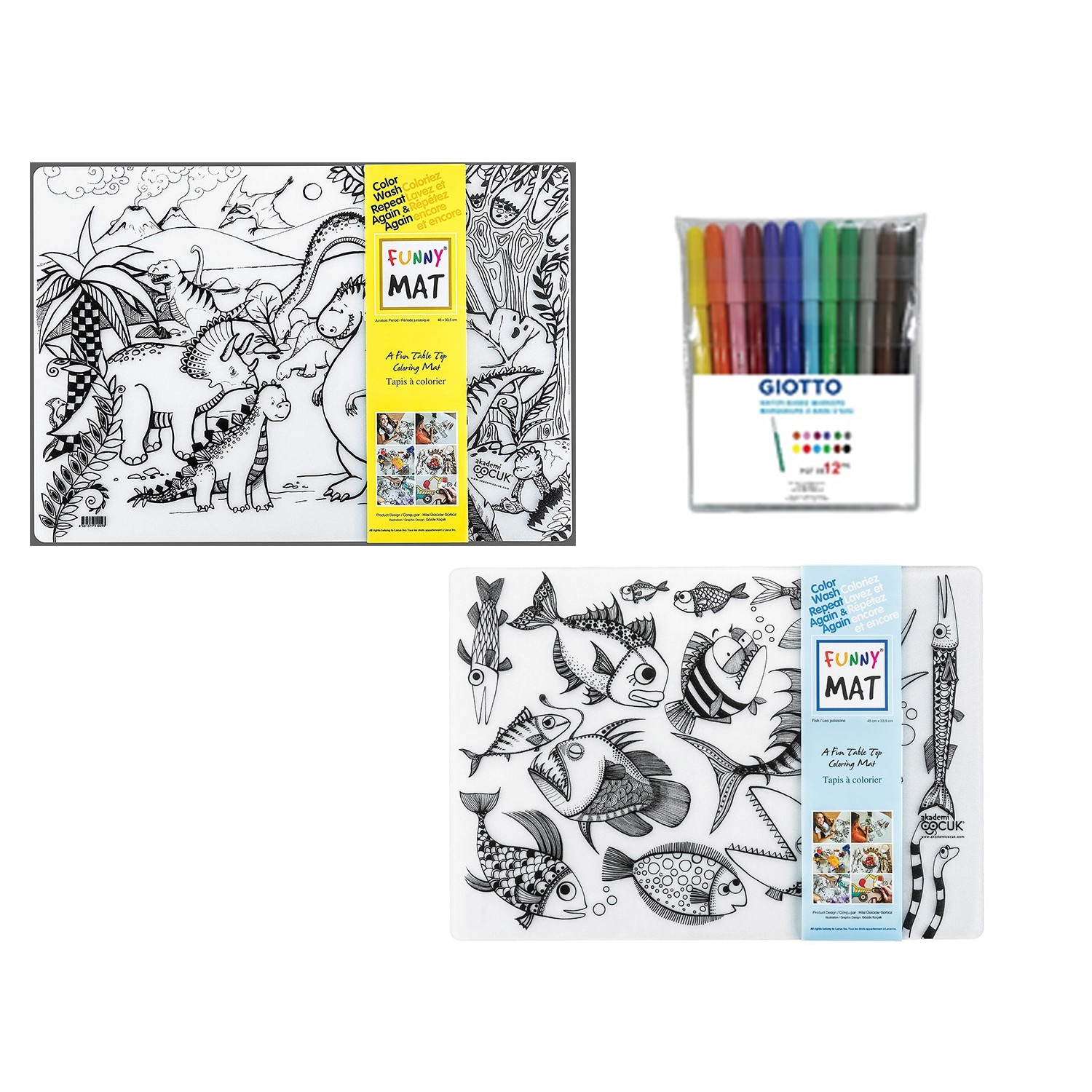 Funny Mat Set of 2 Table Top Coloring Mats - Jurassic Period and Fish - NEW