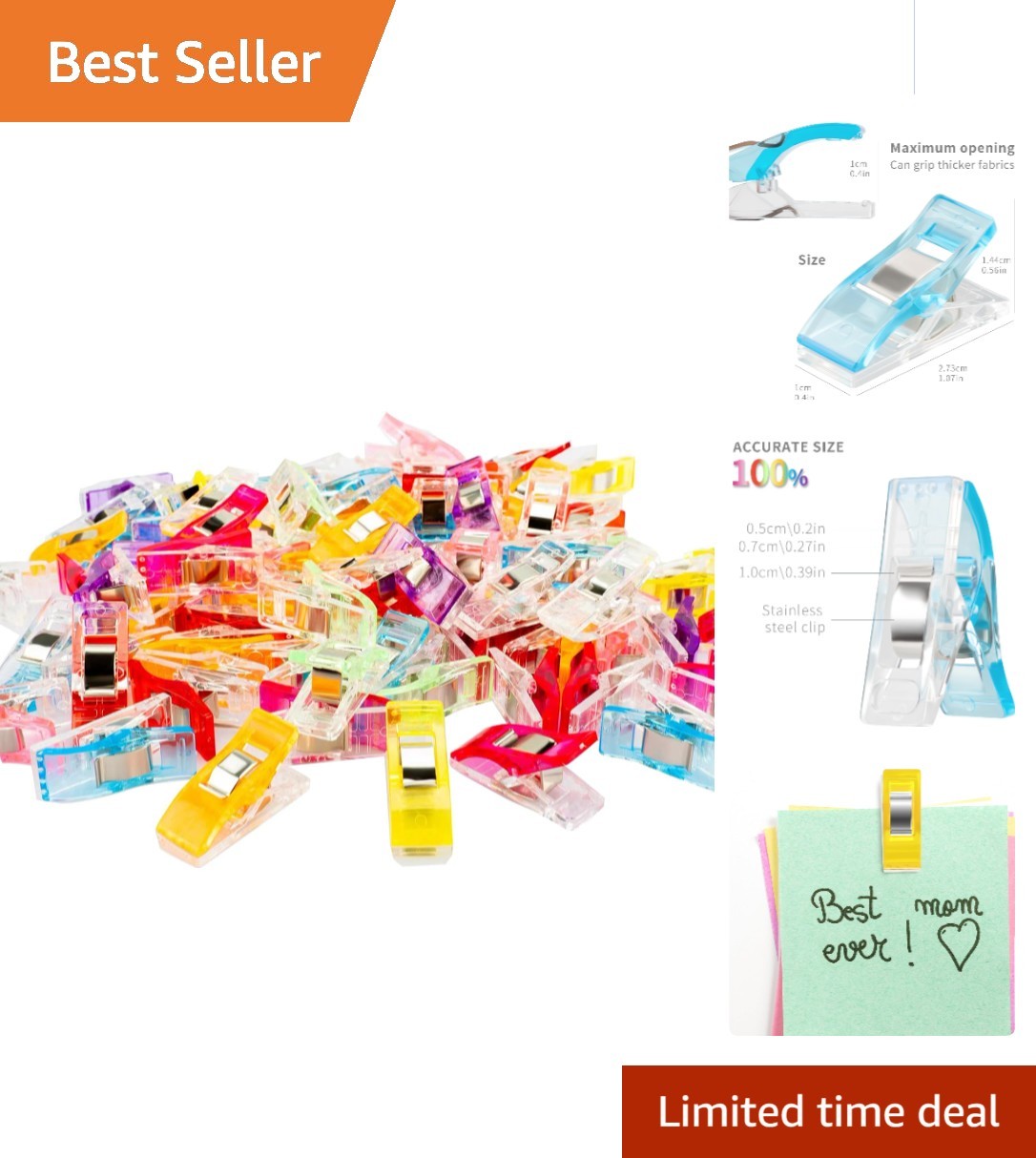 100  Plastic Sewing Clips - Safe Alternative to Pins in Assorted Colors