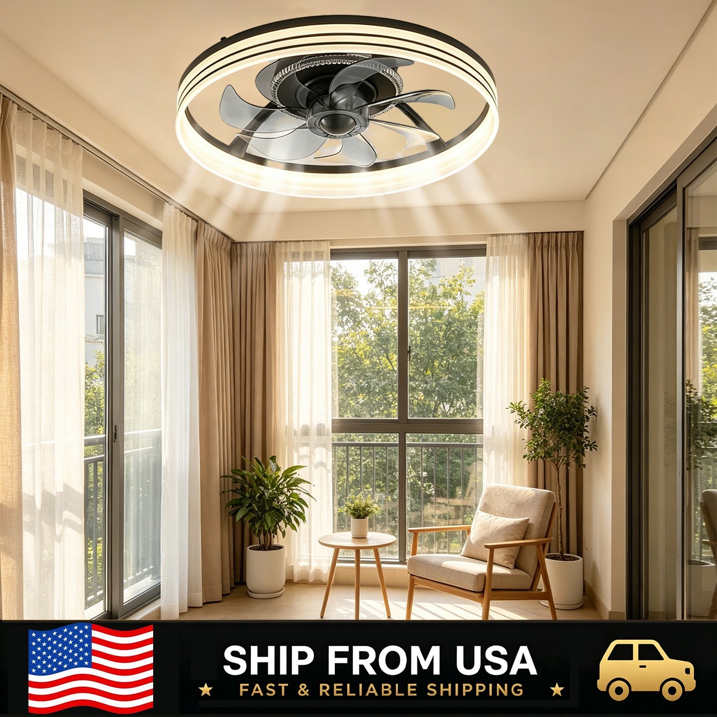 LETRY 18.9in 6-Speed Smart LED RGB Ceiling Fan Light Dimmable Remote Control New
