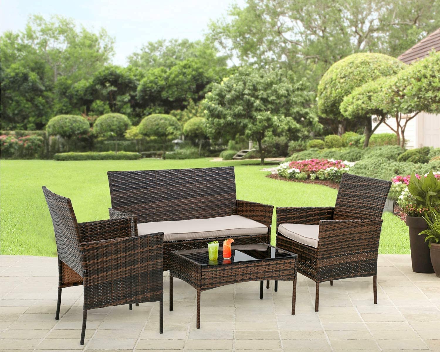 Outdoor Patio Furniture Sets 4 Pieces Patio Set Rattan Chair Wicker Sofa Conv...