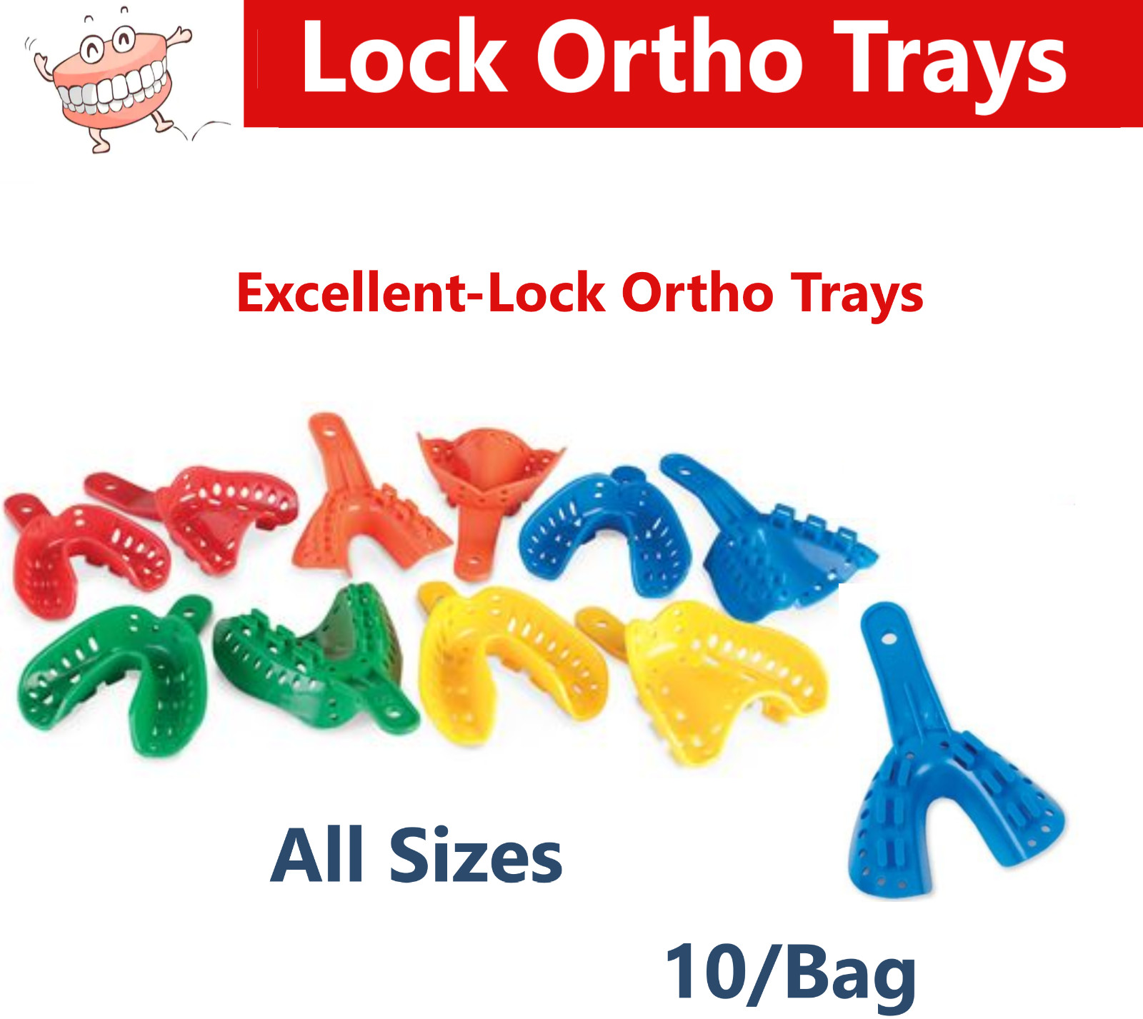 Dental Alginate Lock Ortho Impression Trays Pediatric/Adult,  Upper/Lower, 10/Bg