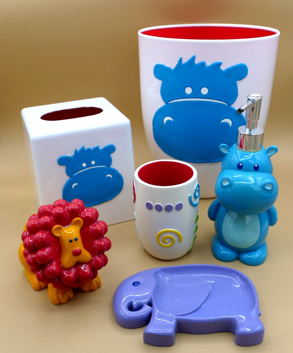 Kid Bathroom Decor Hippo Trash Can Tissue Cover Soap Dispenser Toothbrush holder