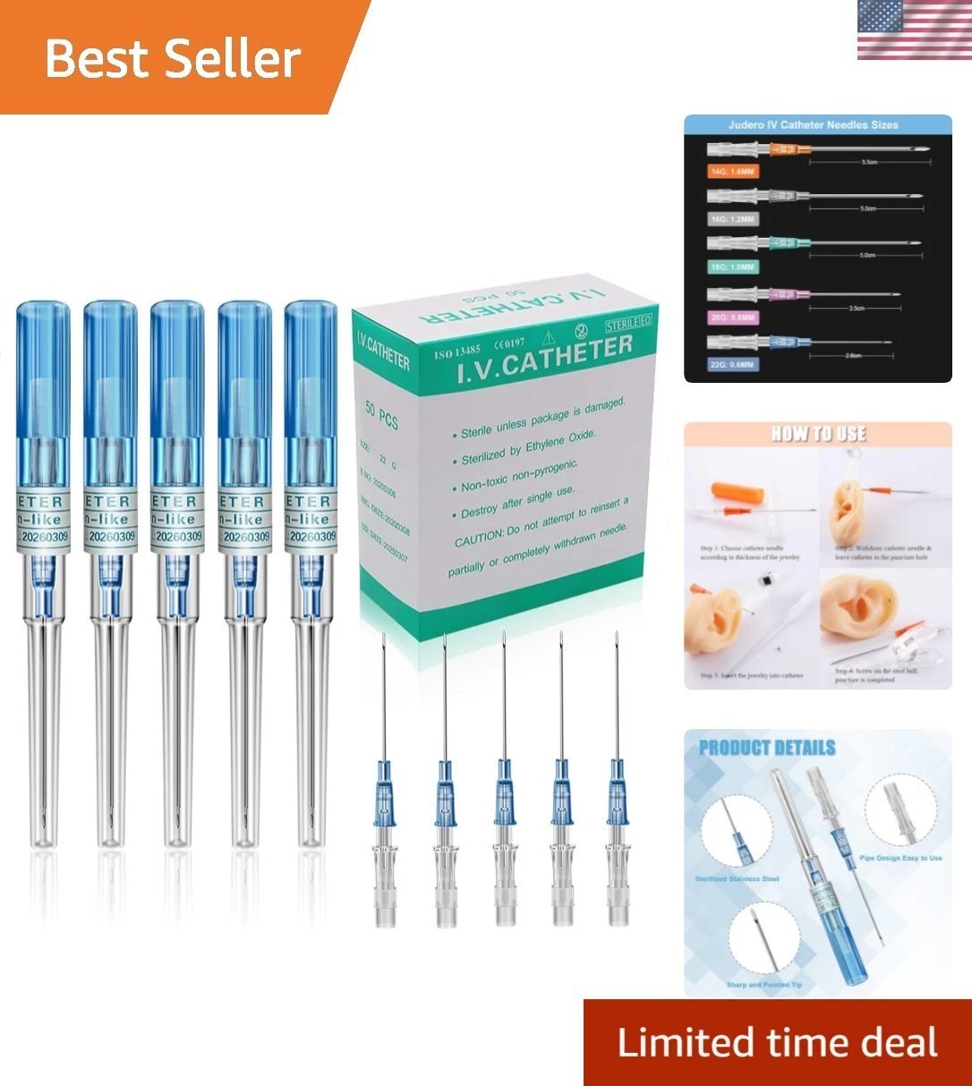 Professional 50Pcs 22G Stainless Steel Catheter Piercing Needles - Versatile Kit