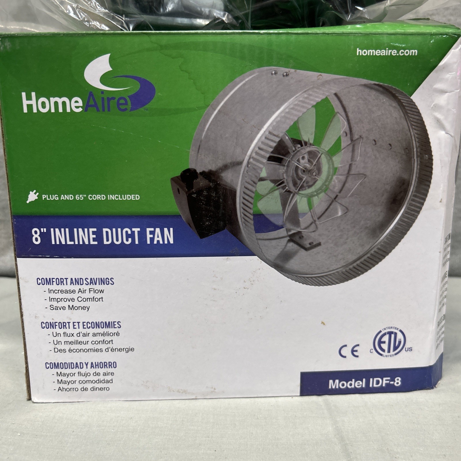 8 In. 210 CFM Inline Duct Fan with 65” Grounded Power Cord. Homeaire IDF-8