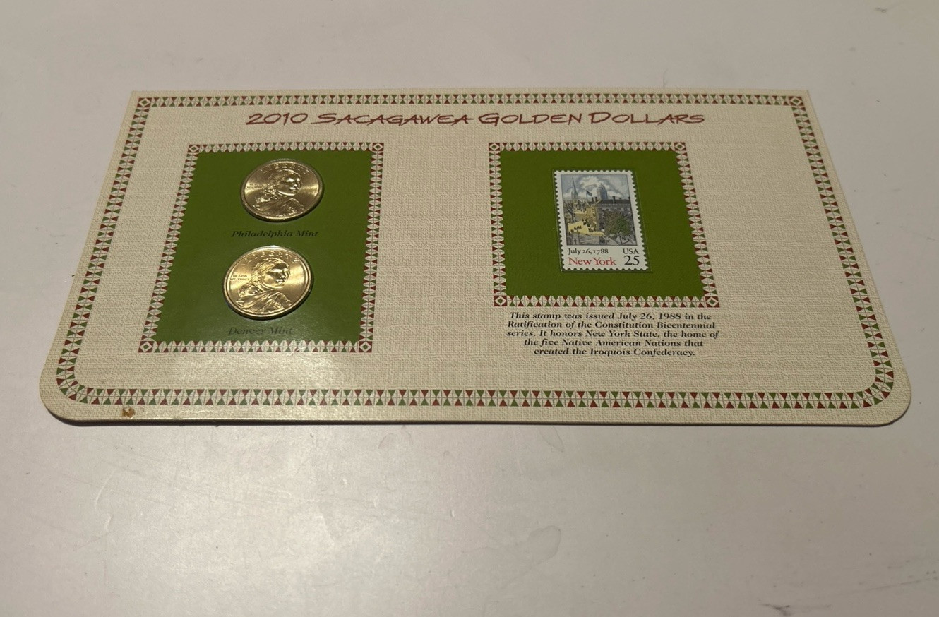 2010 P&D Sacagawea Golden Dollars & Stamp Set Absolutely Beautiful, Uncirculated