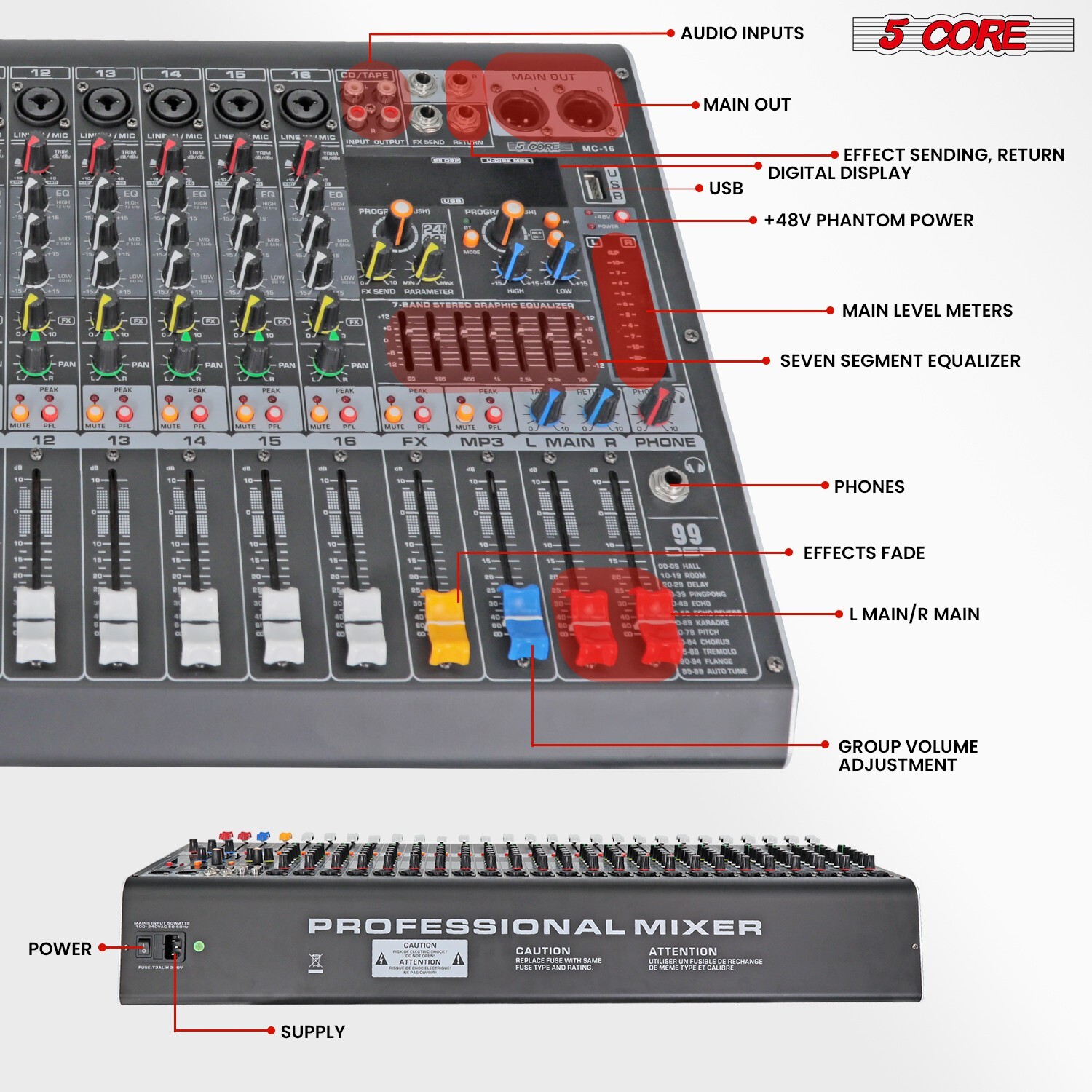 5Core Professional Audio Mixer 16 Channel DJ Mixing Board Bluetooth USB Analog