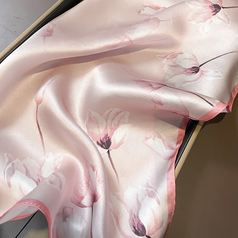 100% Mulberry 20'' Silk Scarf Women Vintage Pink Lotus Neckerchief Small Turban