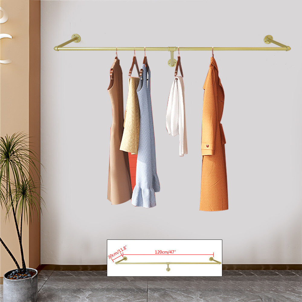 Industrial Gold Clothes Rack Pipe Clothes Hanging Pole Shelves Wall Mounted