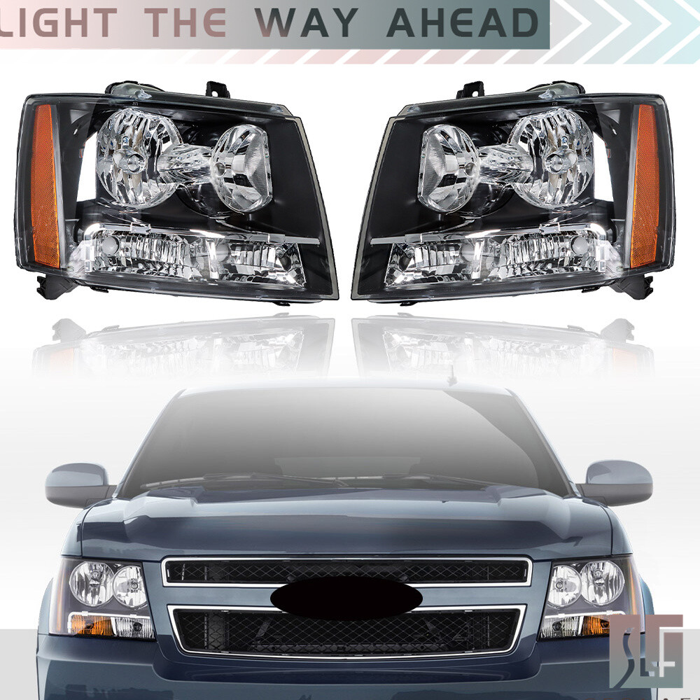1 Pair Headlights For Chevy Avalanche Tahoe 2007-2014 Suburban Halogen Black