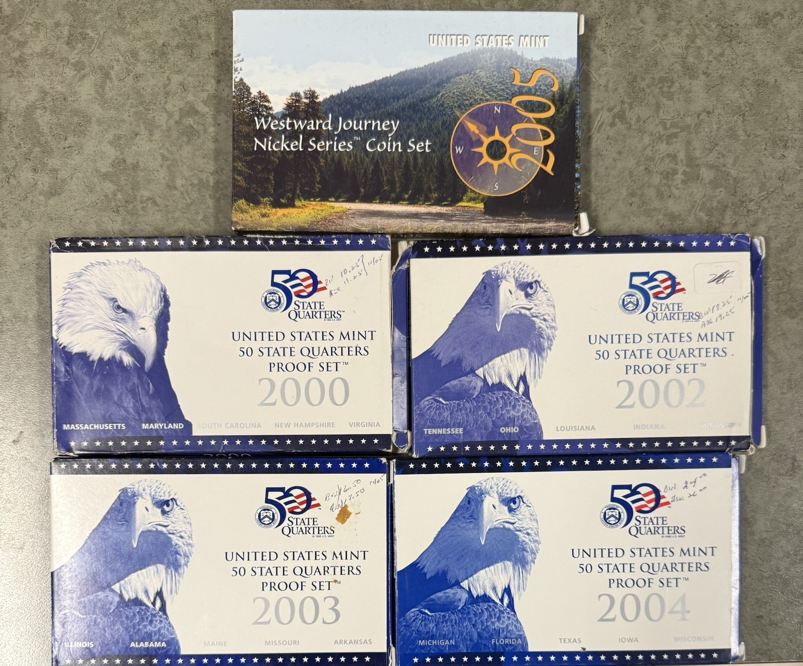 Lot 4 U.S  Mint State Quarters Proof Sets 2000 2002 2003 2004  & Nickel Set