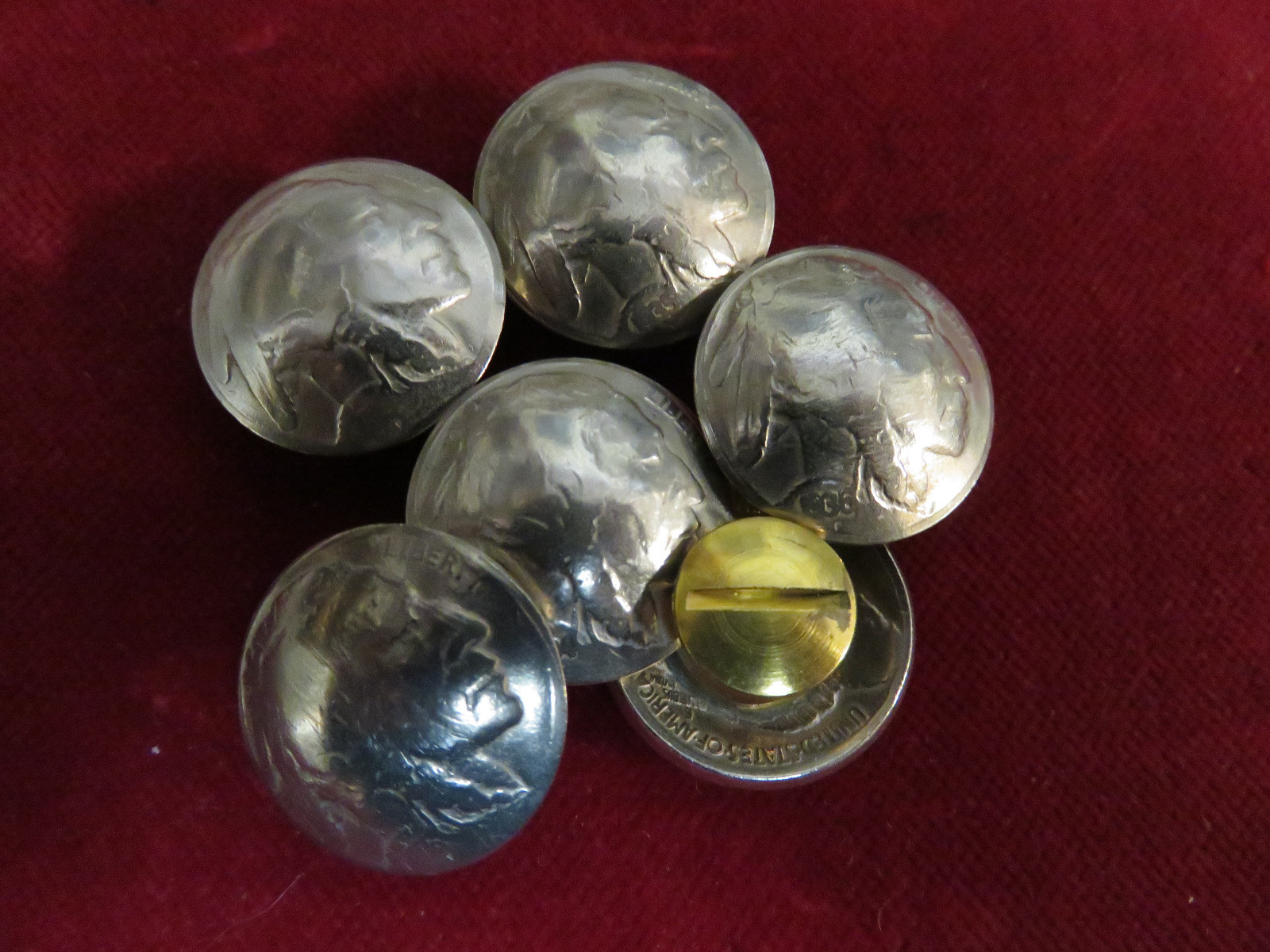 Conchos: 6 Real Coin  "Indian" Nickels, Post & screw