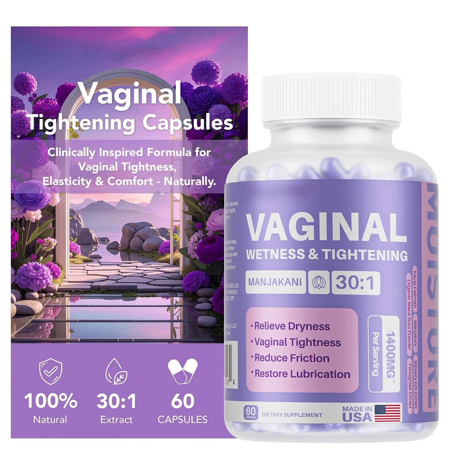 Vaginal Tightening 60 Capsules for Women Kacip Fatimah Manjakani & Slippery Elm