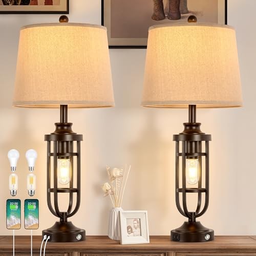 28.8" Farmhouse Table Lamps for Living Room Set of 2, 3-Way Dimmable Touch