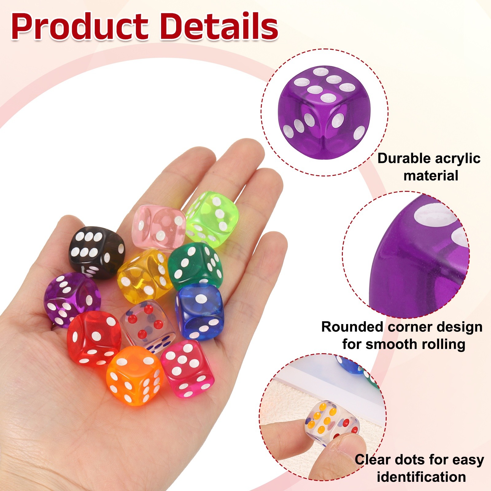 36Pcs Translucent Polyhedral Dice 16mm Square Dice W Rounded Edge, Purple
