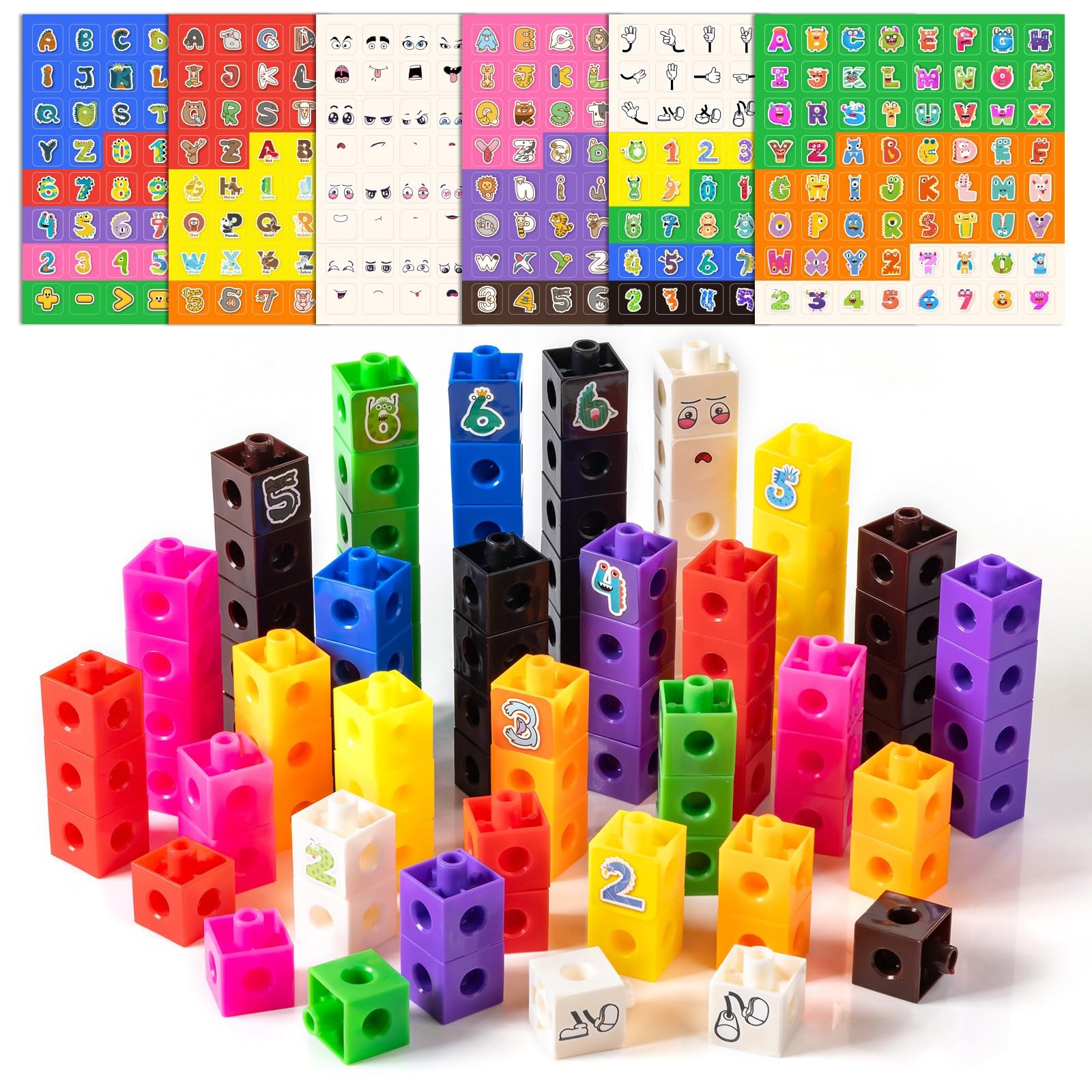 100 Pcs Math Linking Cubes with 384 Cartoon Stickers - STEM Counting Cubes & ...