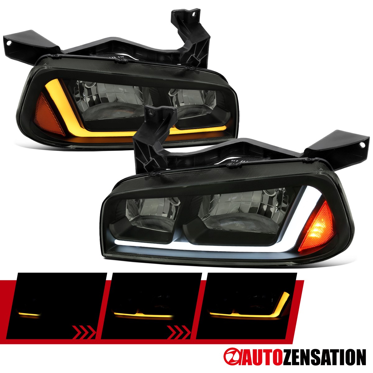 Fit 2006-2010 Dodge Charger Black Smoke Halogen Headlights LED Sequential Signal