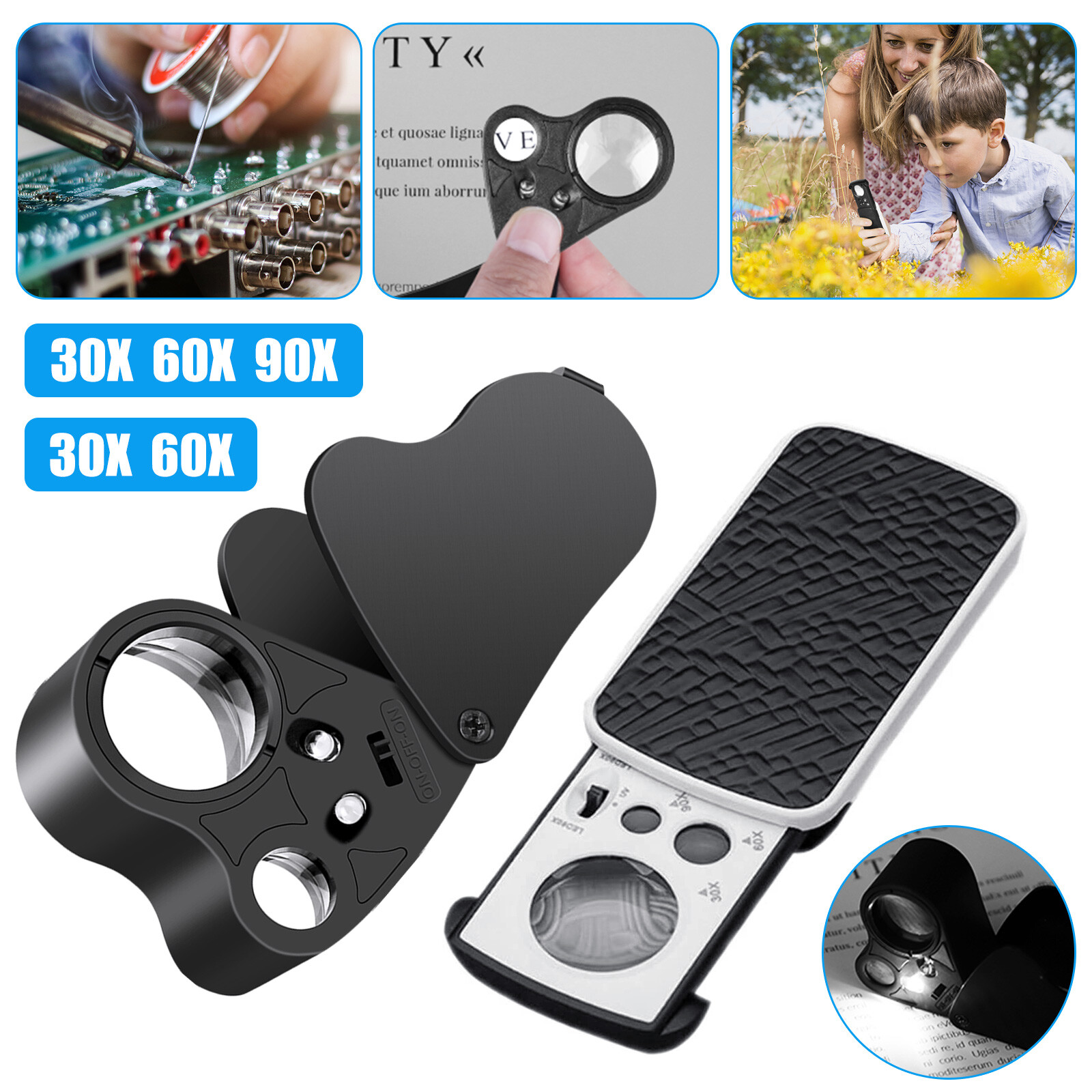 2PCS 30X 60X 90X Jewelry Magnifier Loop Eye Magnifying Glass Folding w/LED Light