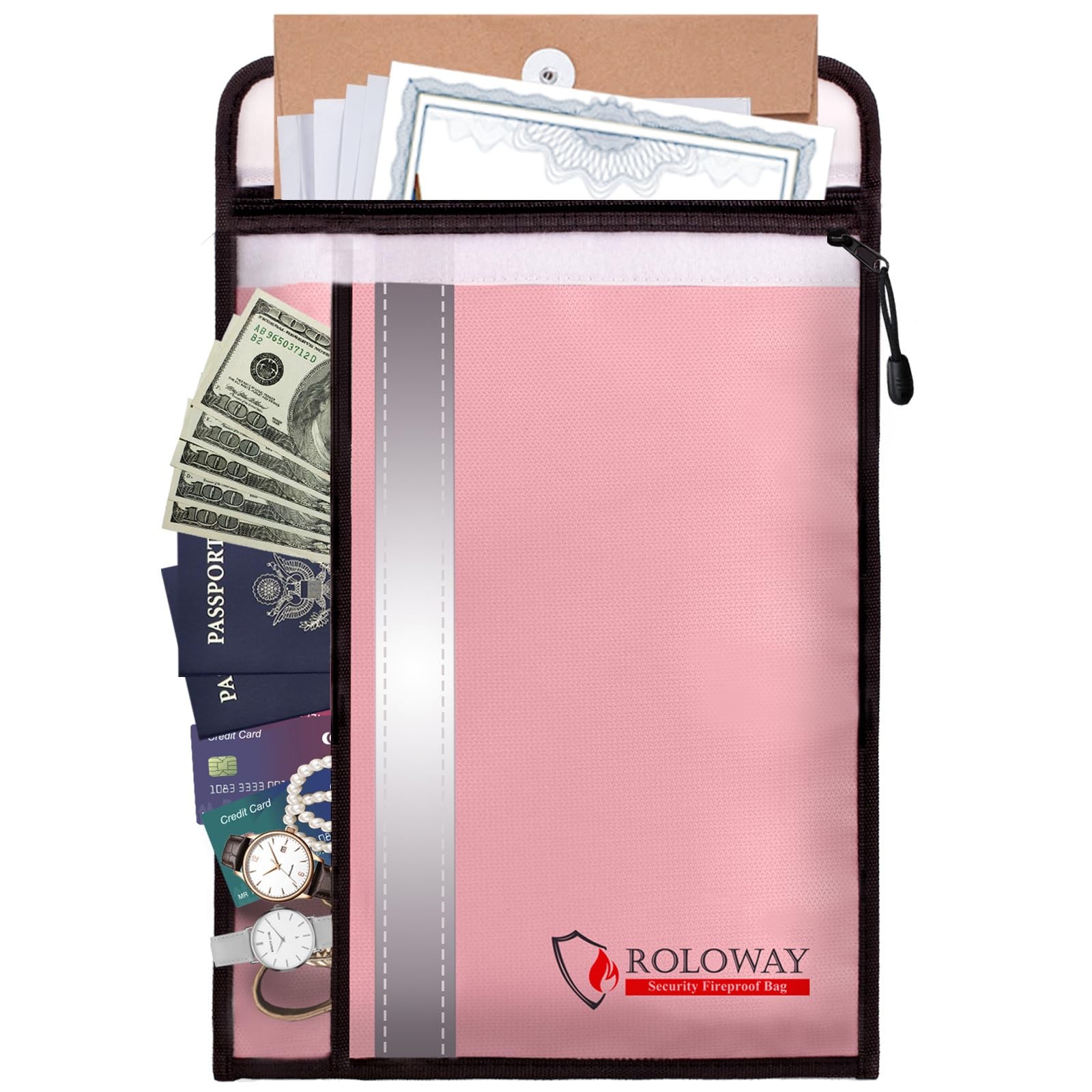 ROLOWAY Fireproof Document Bag (15 x 11 inch) with 2 Pockets & Waterproof Zipper