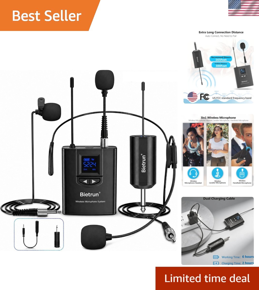 UHF Wireless Lavalier Mic System with 165ft Range & Rechargeable Transmitter