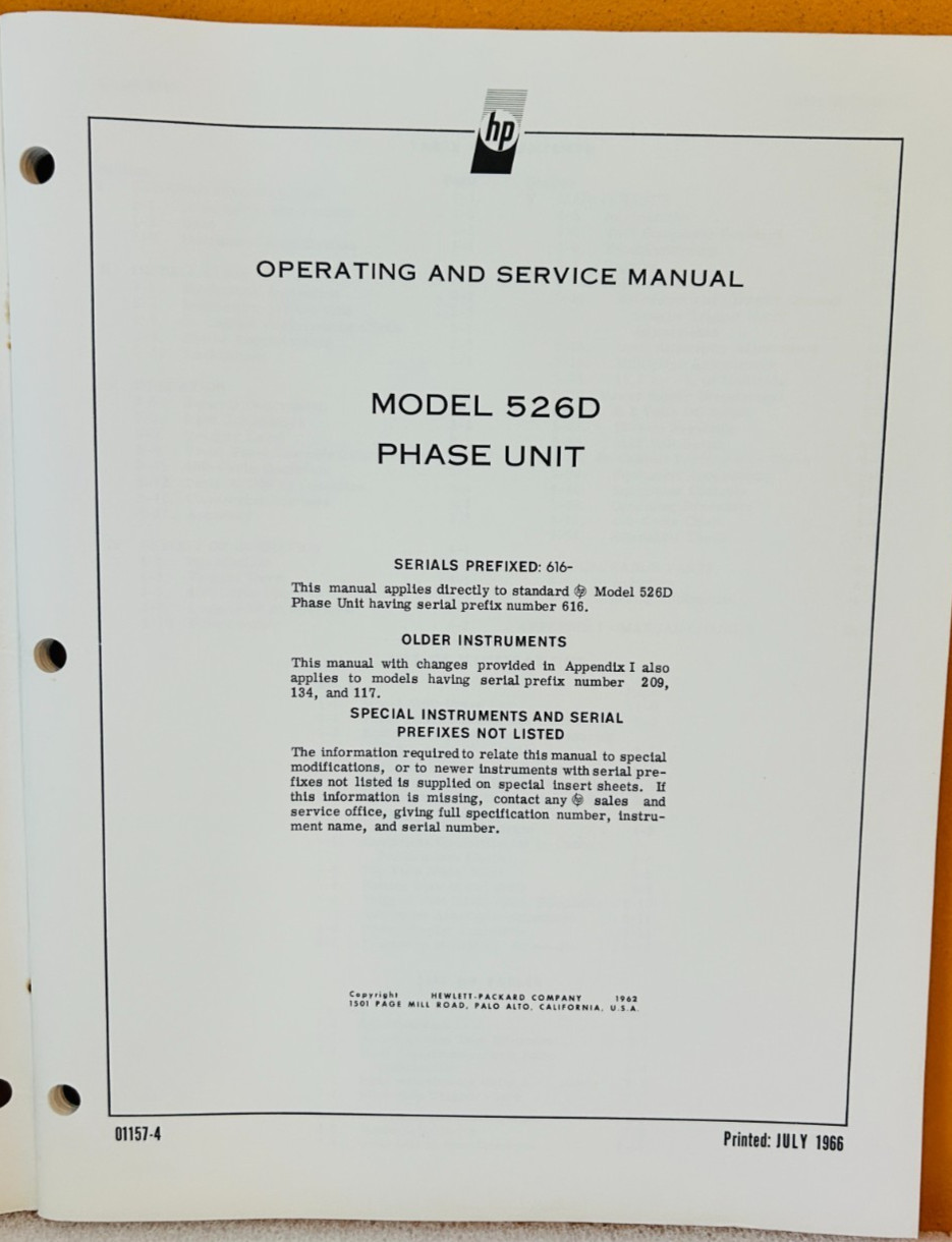 HP 00526-9004 1966 Model 526D Phase Unit Operating & Service Manual.