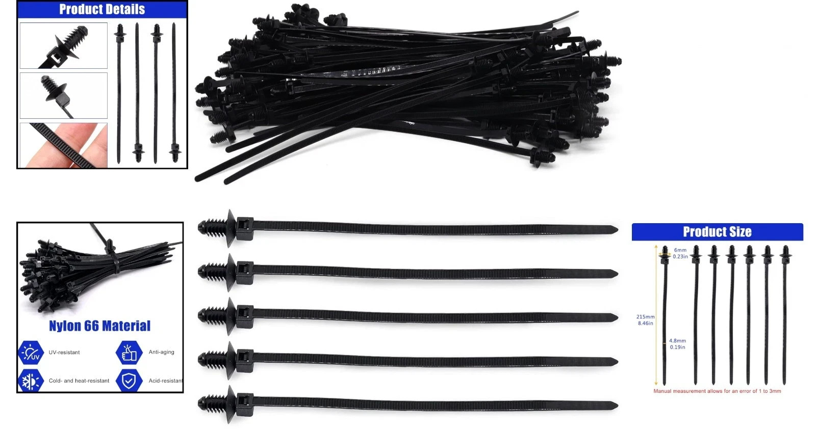Christmas Tree Cable Ties, Universal Push Mount Cable Zip Tie Black 50 pack