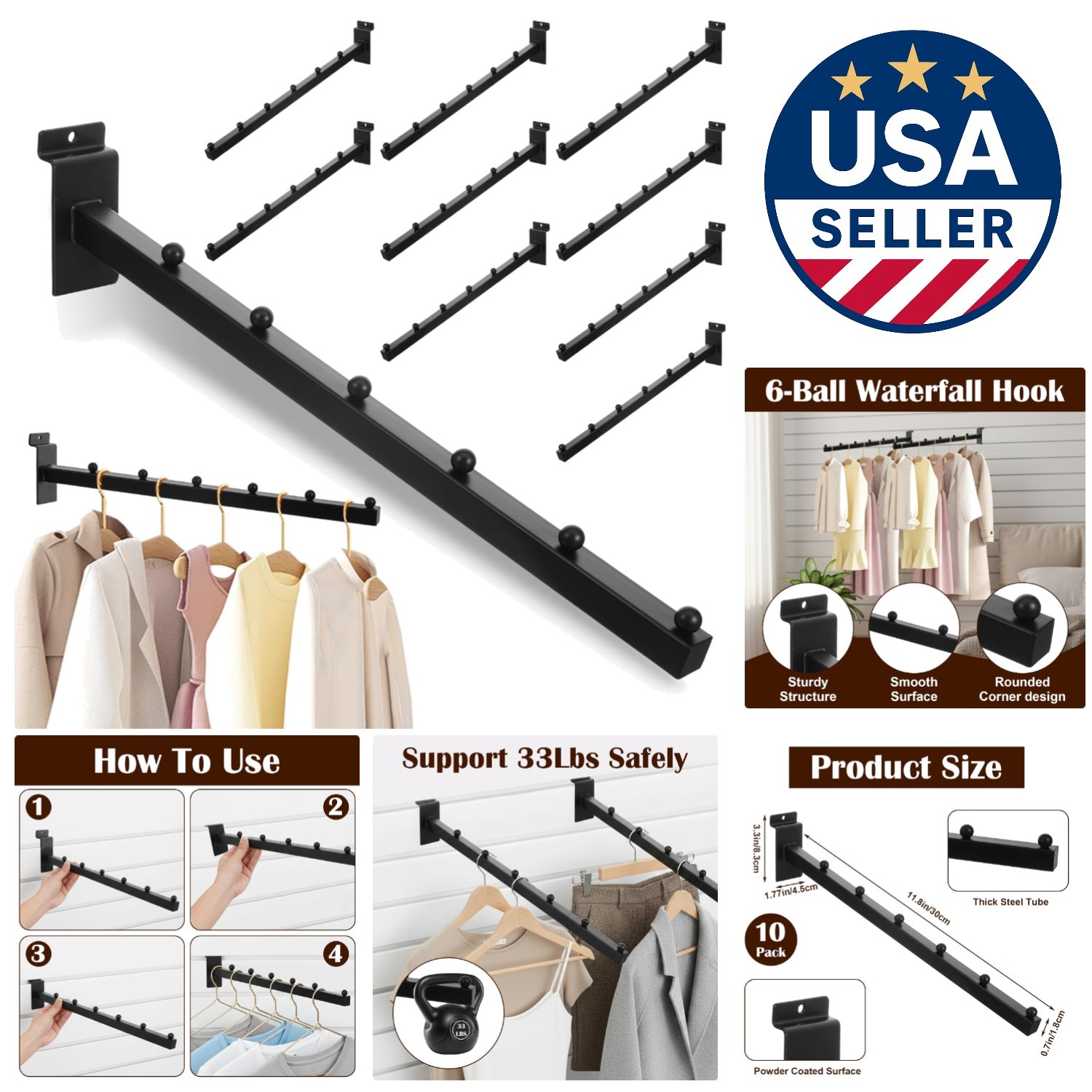 Versatile 10 Pack Waterfall Slatwall Hooks - 12 Inch for Clothing & Accessories