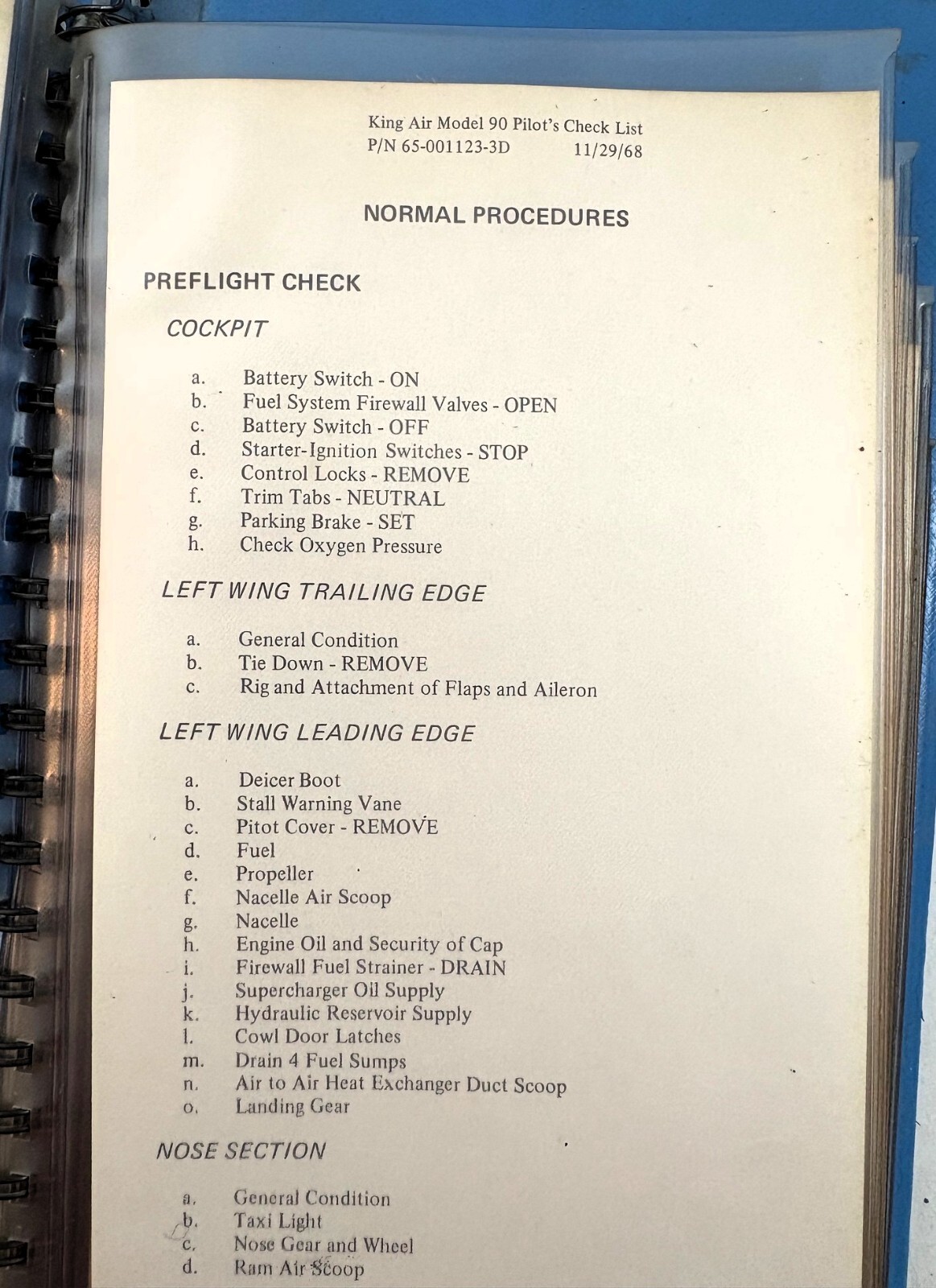 Beechcraft King Air Model 90 Pilot's Check List, 1968