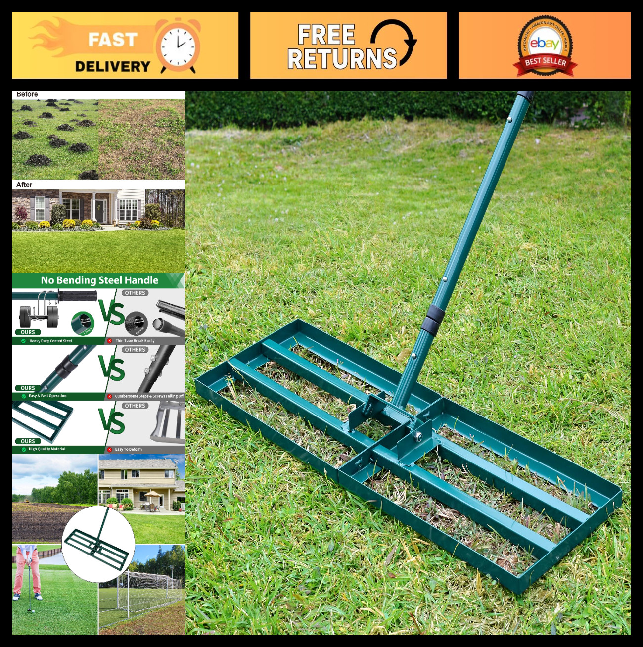 Lawn Leveling Rake - Stainless Steel Leveler with 30"x10" Plate & 78" Handle, Ya