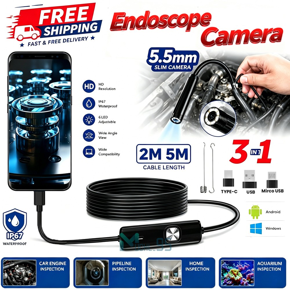 1920P HD Android PC LED Borescope Endoscope Snake Inspection Camera Waterproof