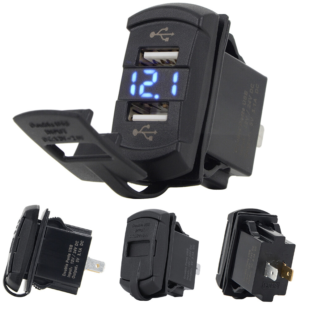 12V Dual USB Charger Voltmeter Rocker Push Switch Marine Boat Blue LED Car Truck