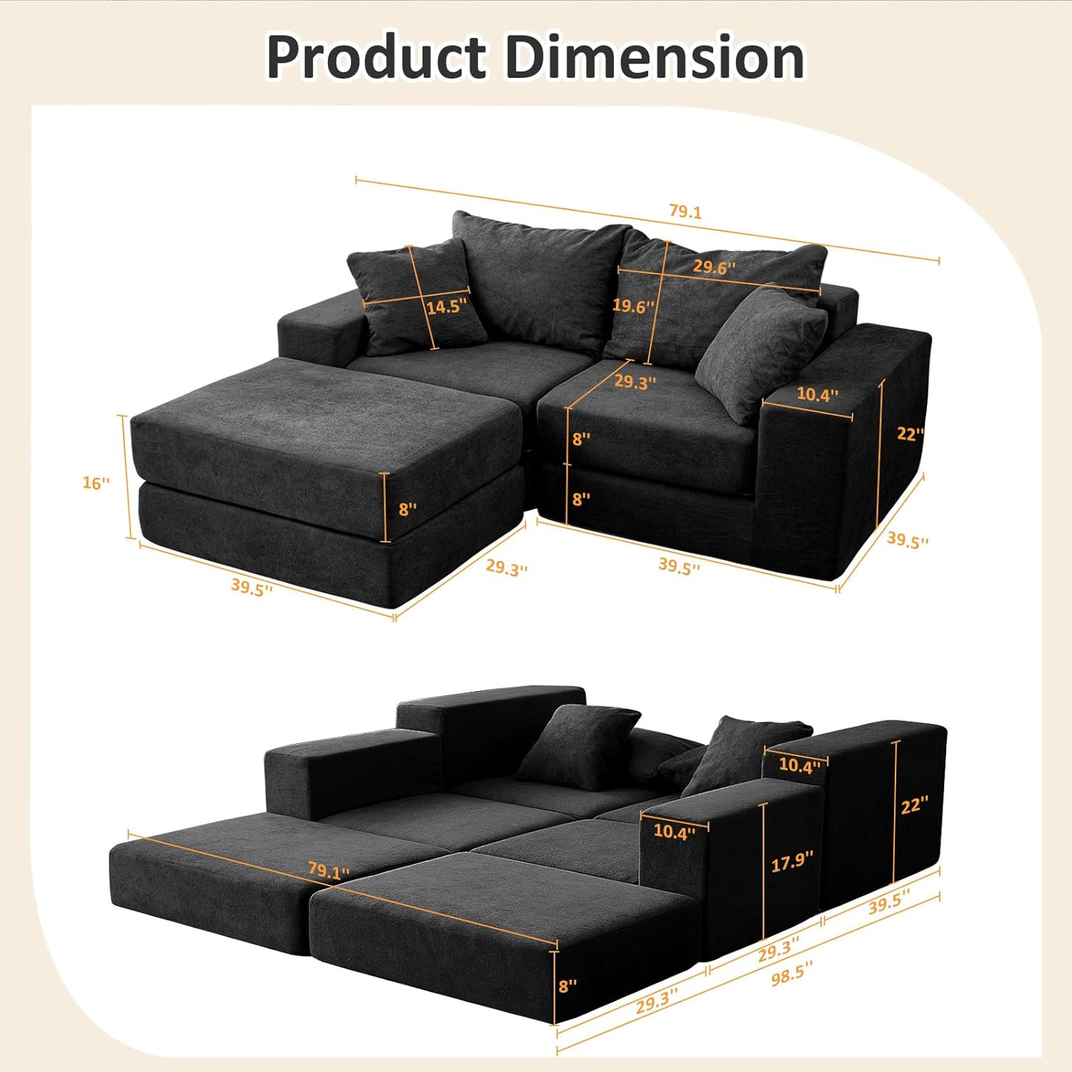 Modular Sectional Loveaeat Cloud Sofa, Boneless Couch with Non Slip Base, Cozy S
