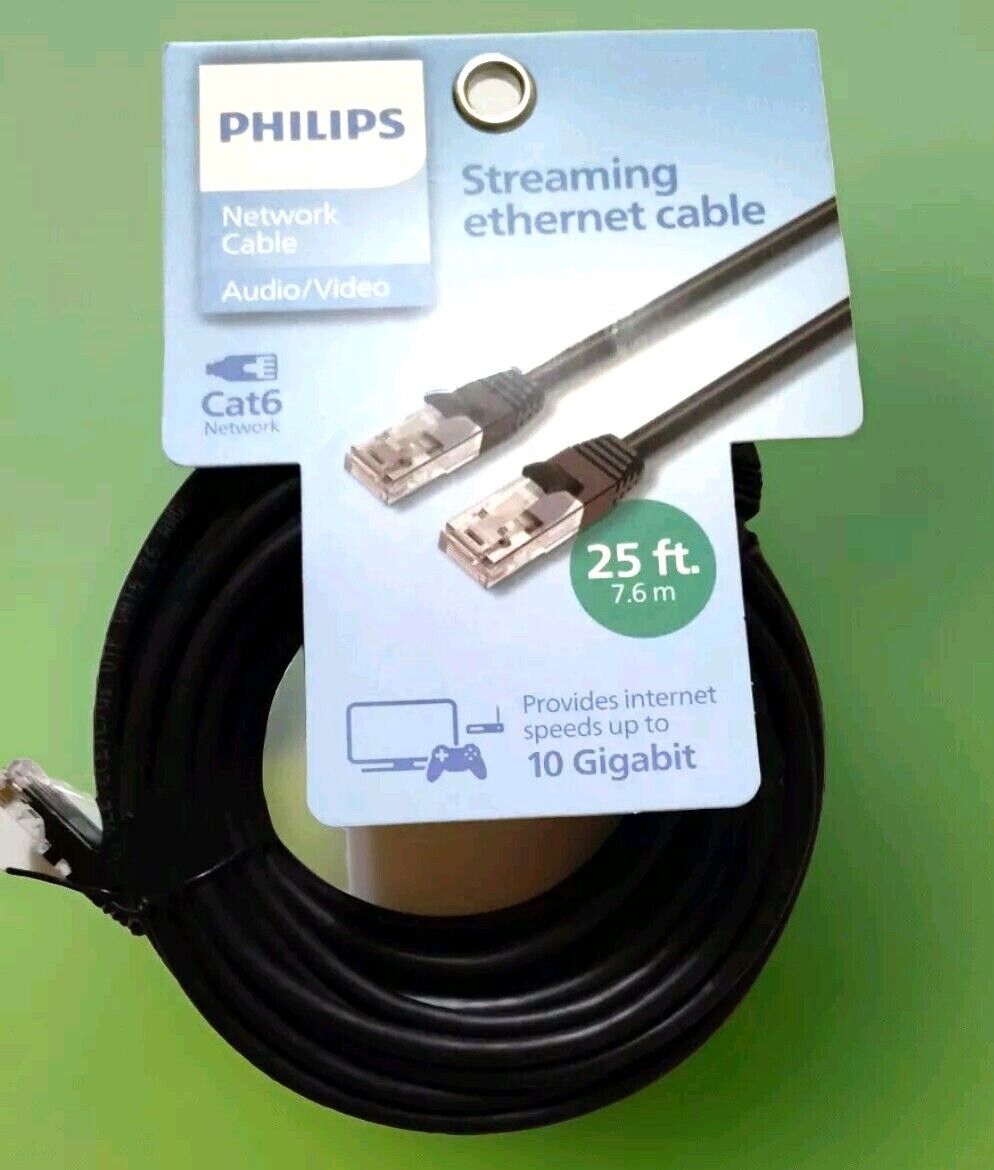 New Philips Cat 6 Ethernet Network Cable, 25 ft.  Black 10 Gigabit Audio & Video