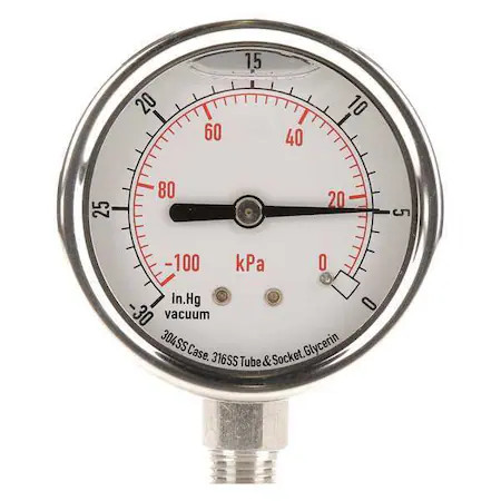 Vacuum Gauge, Liquid Filled, 2-1/2 In, Case Color: Silver, 4Cfg9