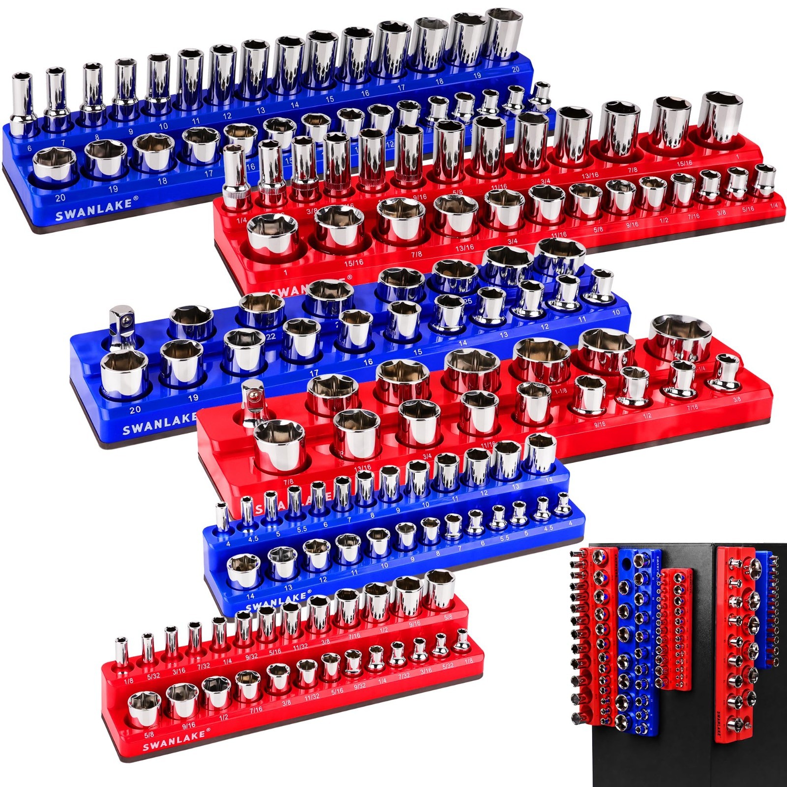 Magnetic Socket Organizer Set - 6PCS Holder for 1/4", 3/8", 1/2" Sockets, 143 Pi