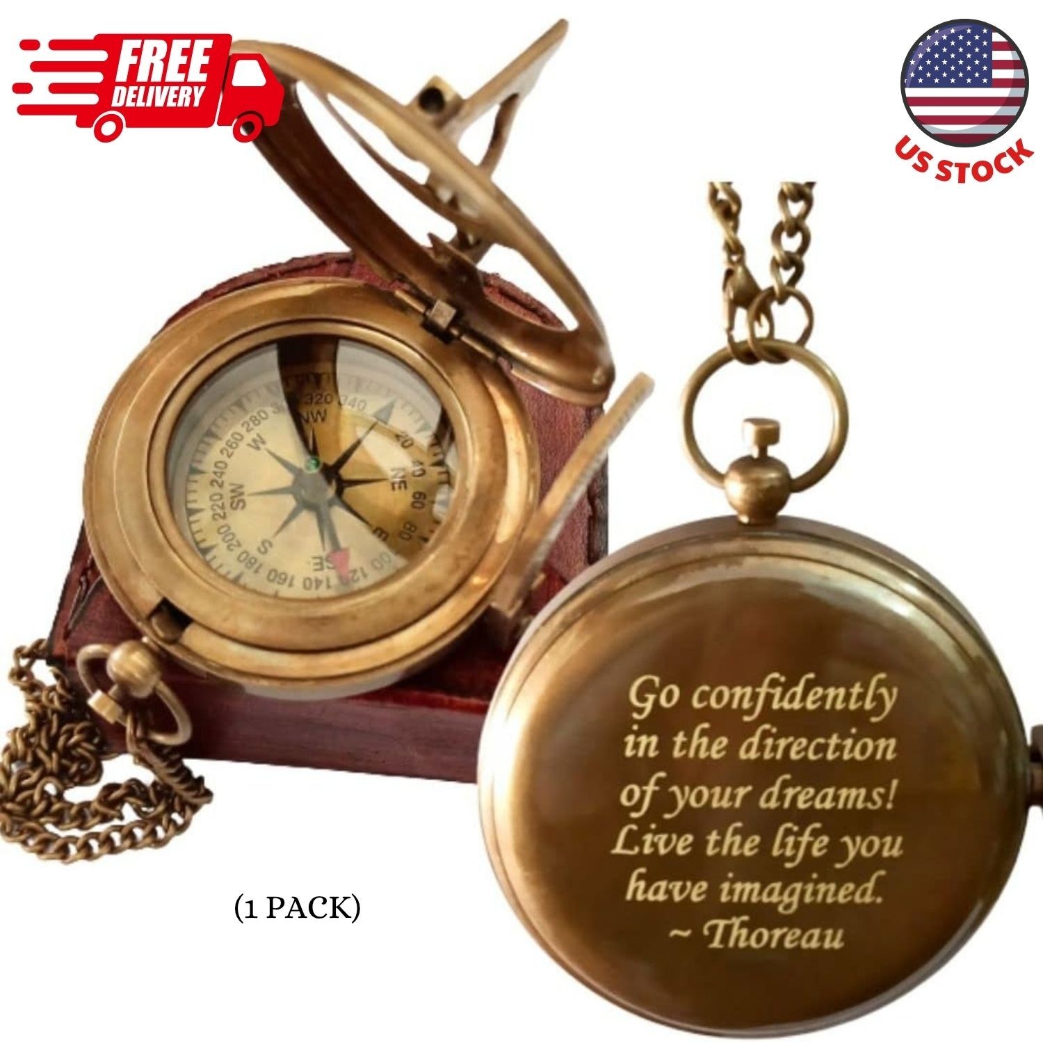 Thoreau's Go Confidently Quote Engraved Sundial Compass with Leather Case