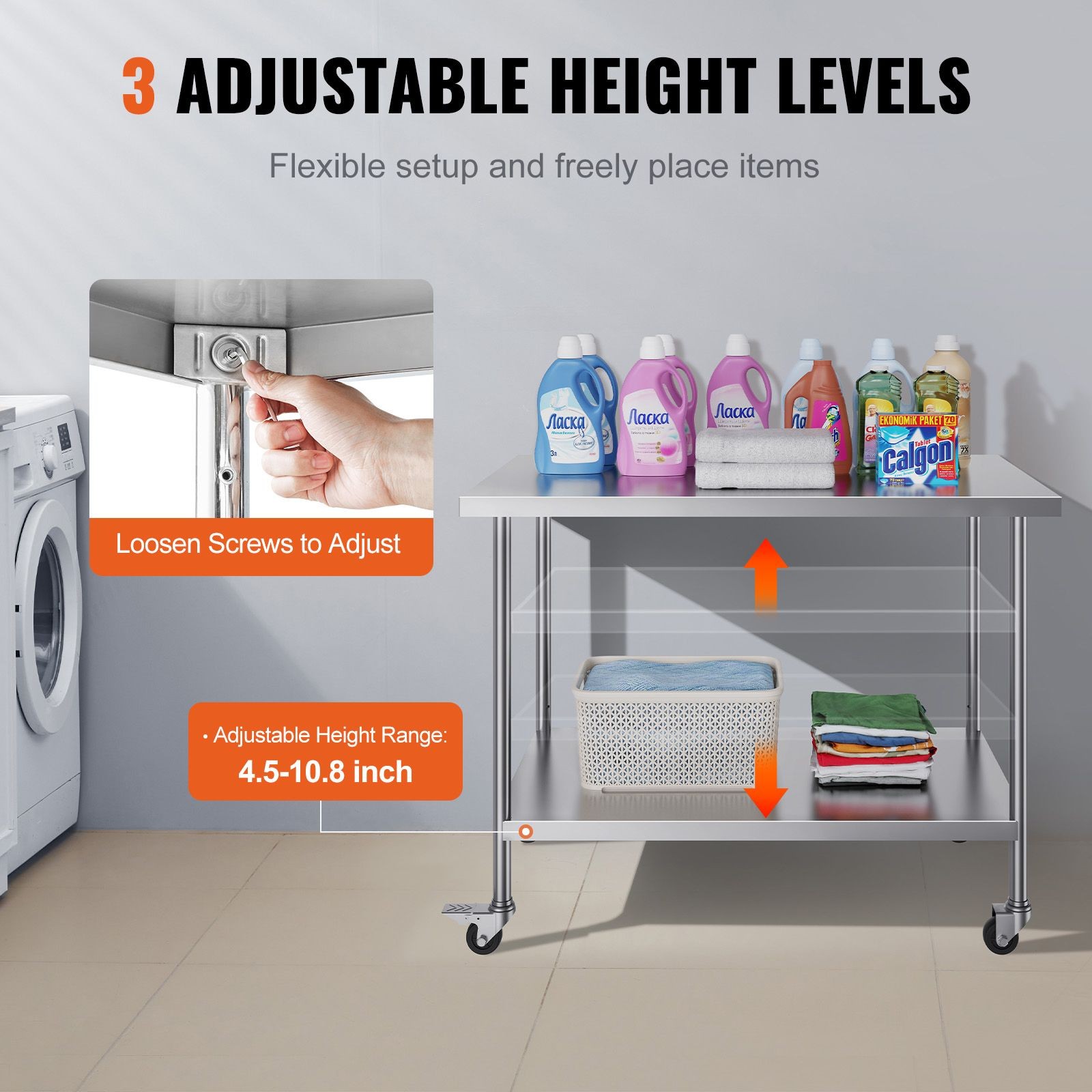 30x48in Stainless Steel Work Table with 3 Adjustable Shelves