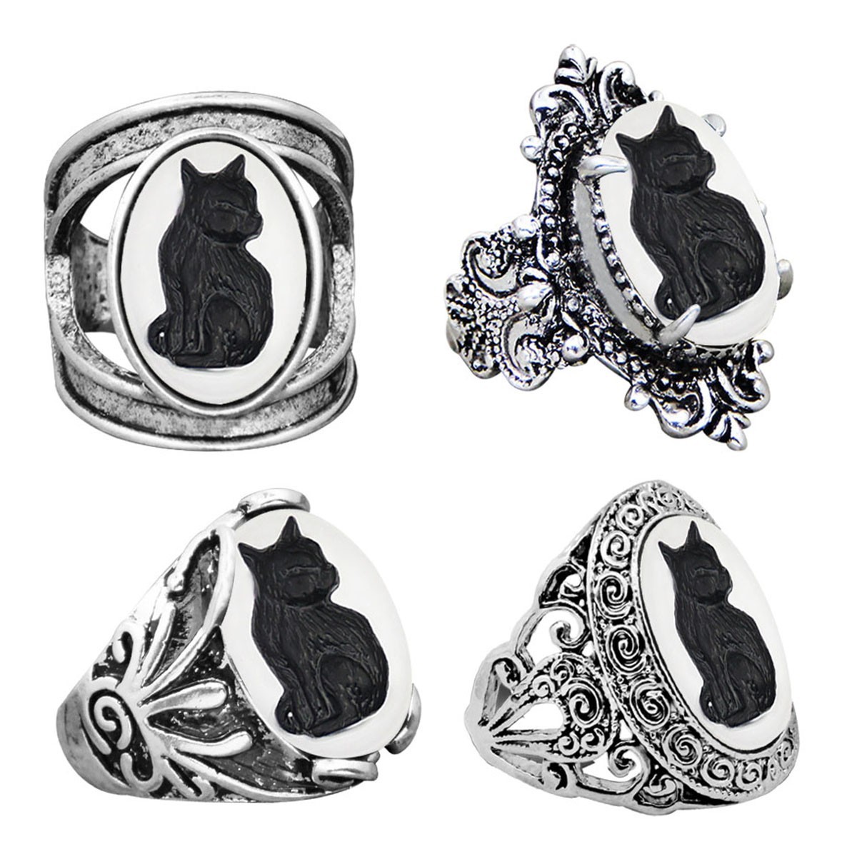 Wholesale Lot 10pcs Cat Leopard Cameo Rings Vintage Real Silver Plated Jewelry