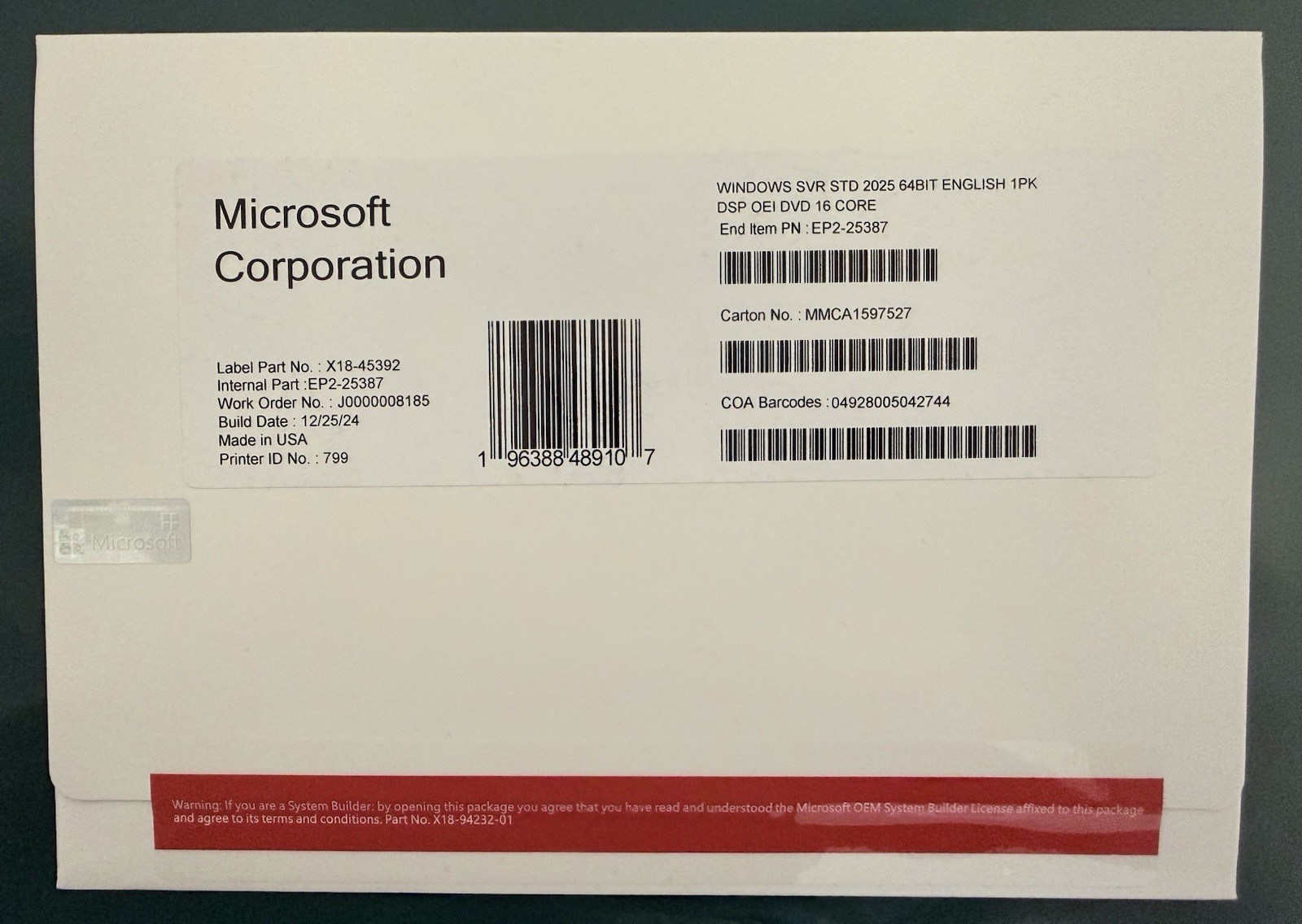 Windows Server 2025 Standard 64Bit | 16 -Core DVD Pack