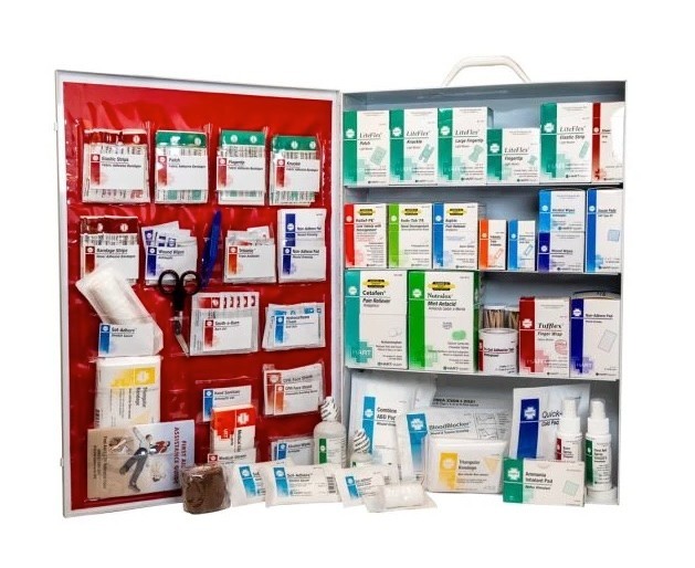 4-Shelf Stocked First Aid Station, Metal Cabinet with Door Pouch, White